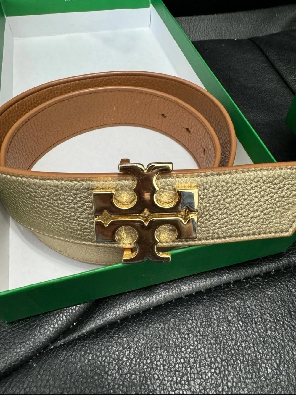 Tory Burch Metallic Gold Leather Belt with Signature Logo Buckle